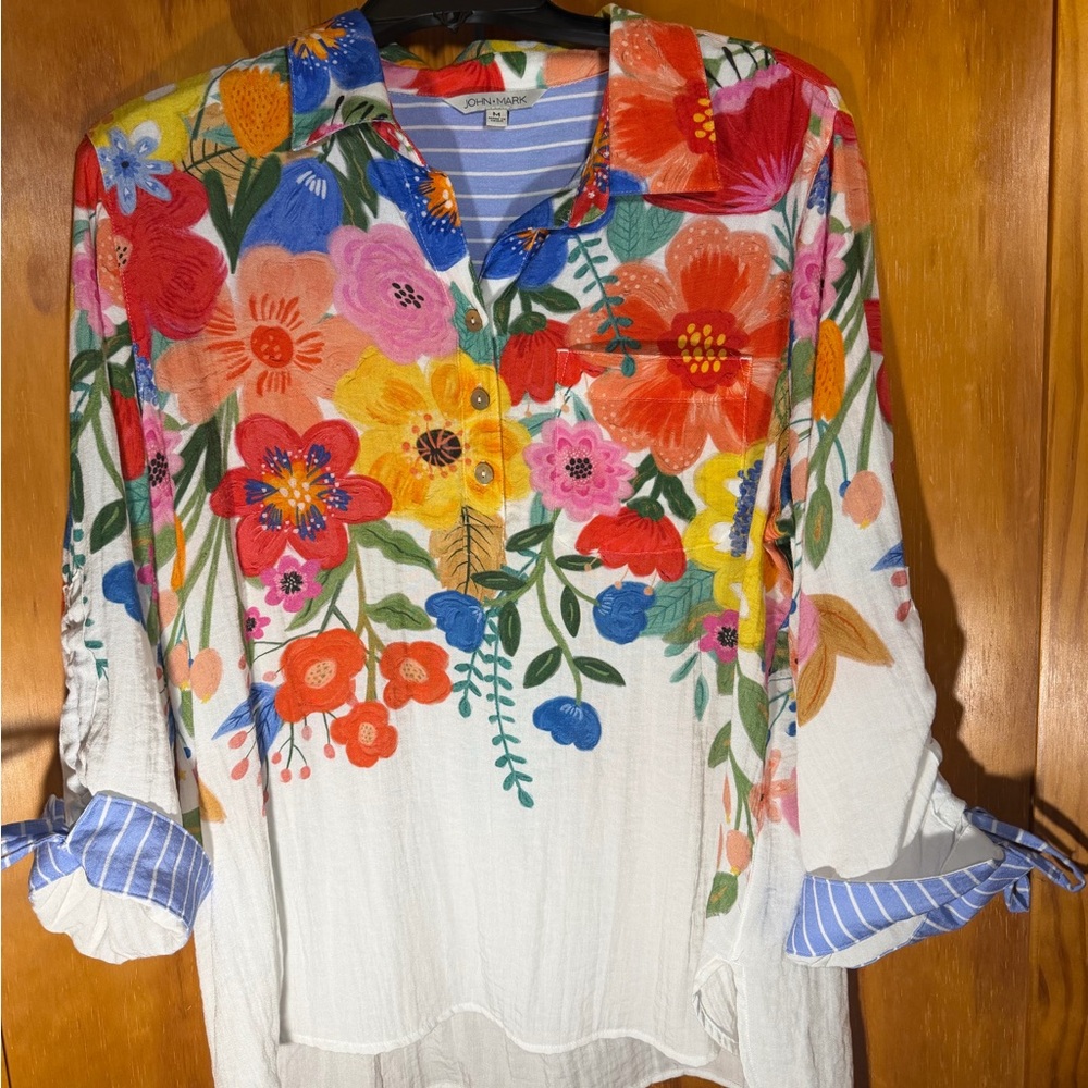 John Mark Floral Stripe Collared Shirt - Blue Cream Red Orange Green Size M